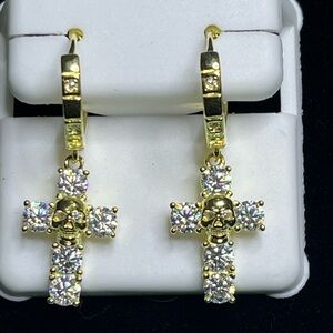 🆕 14k Gold Plated .925 Silver Moissanite Cross & Skull Huggie Earrings, Unisex